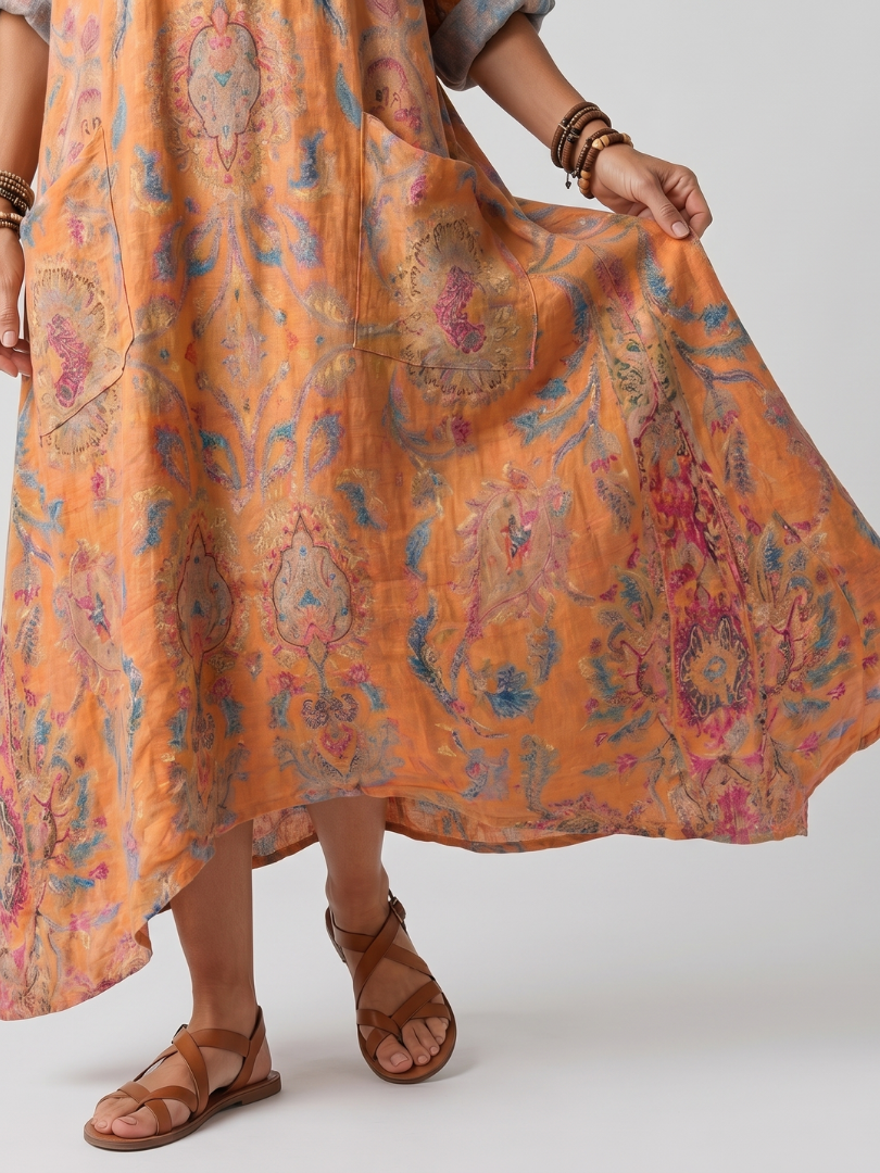 Close-up of orange midi dress with floral print and pockets, modeled with brown sandals against a plain background.