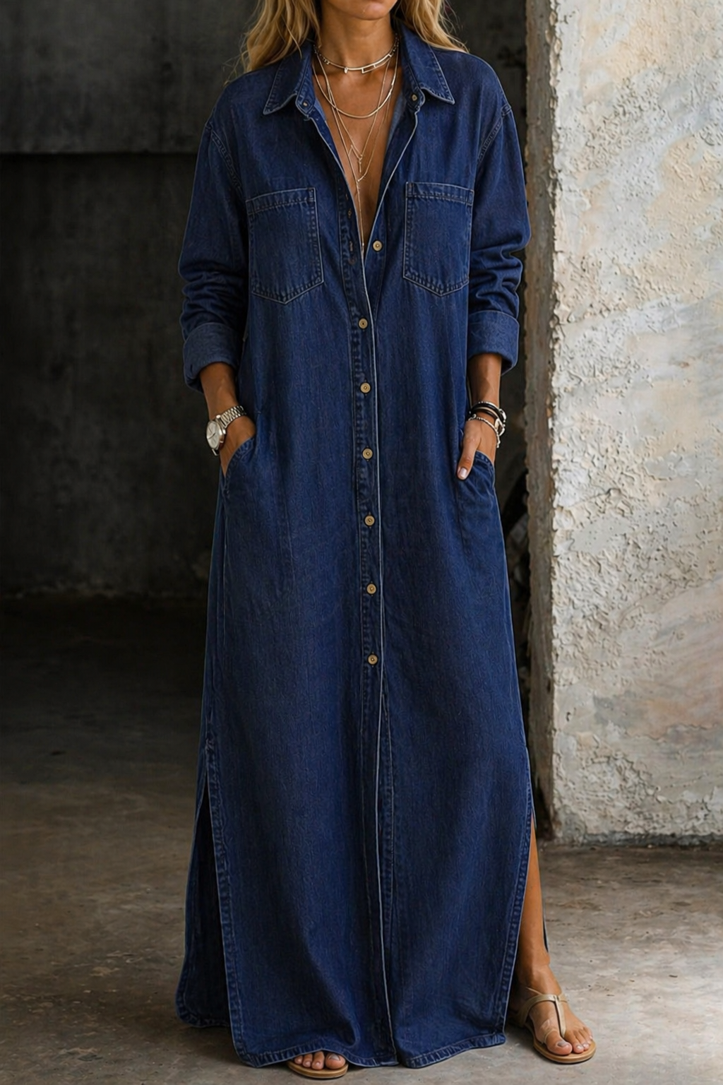 Dark blue denim button-down dress with side slit, rolled sleeves, in an industrial setting.