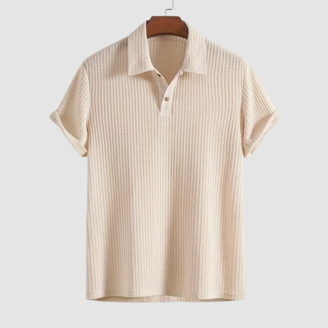 Light cream textured polo shirt on a hanger against a plain light gray background.