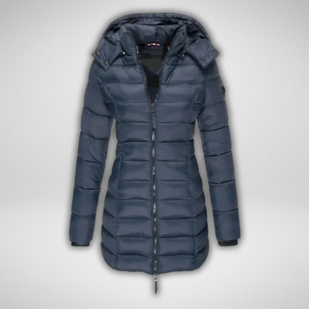Dark blue puffer parka with hood and front zipper, shown in a studio environment.