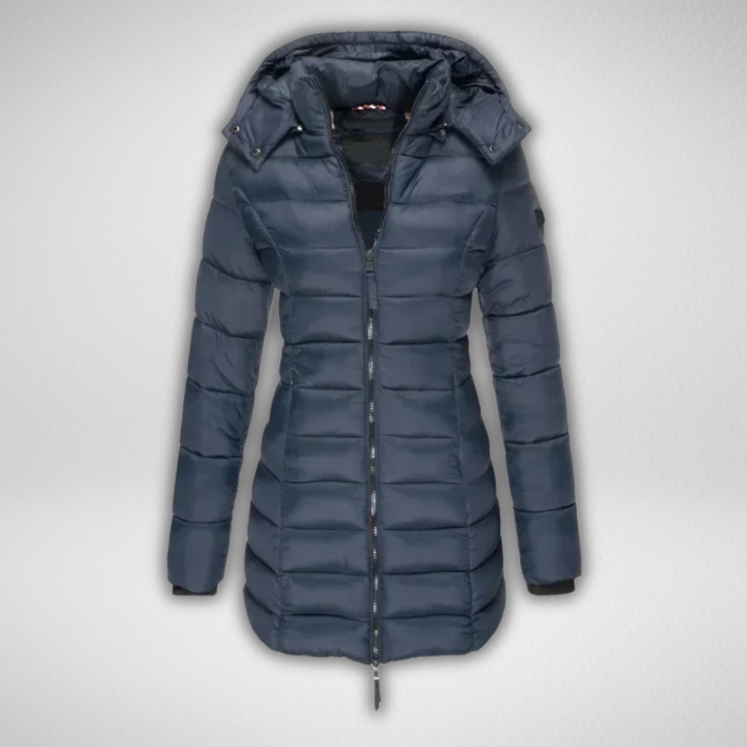 Dark blue puffer parka with hood and front zipper, shown in a studio environment.