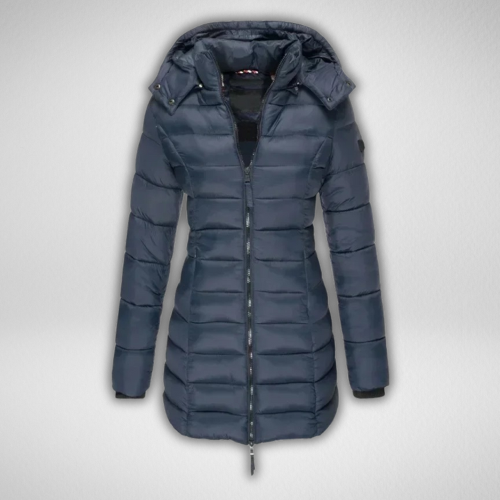 Dark blue puffer parka with hood and front zipper, shown in a studio environment.