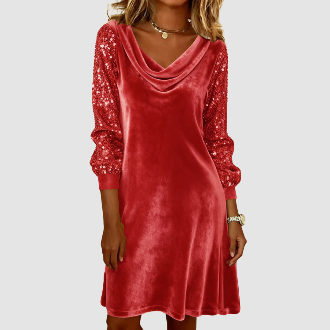 Stylish red midi dress featuring sequin sleeves, cowl neckline in a studio environment.