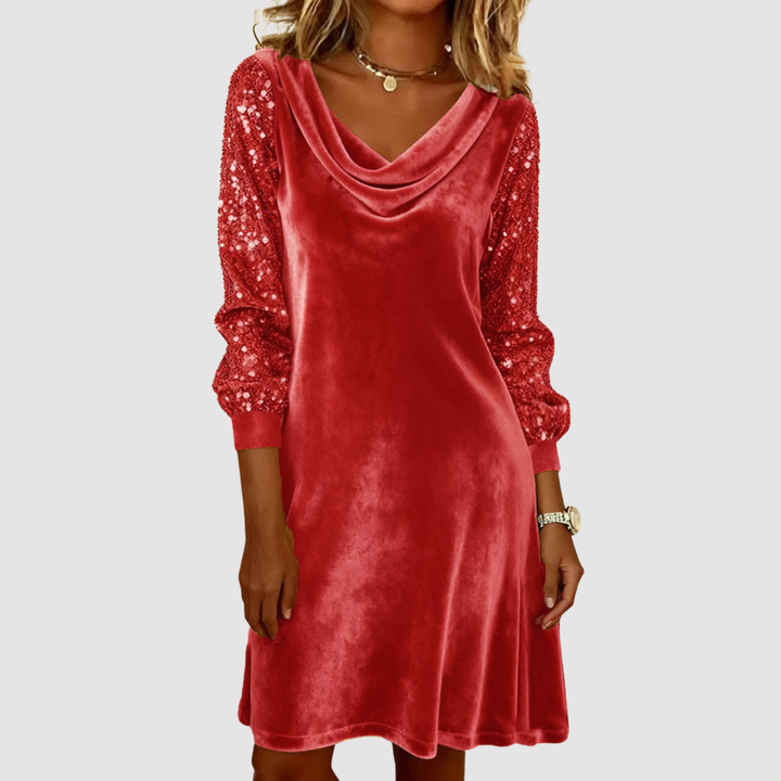 Stylish red midi dress featuring sequin sleeves, cowl neckline in a studio environment.