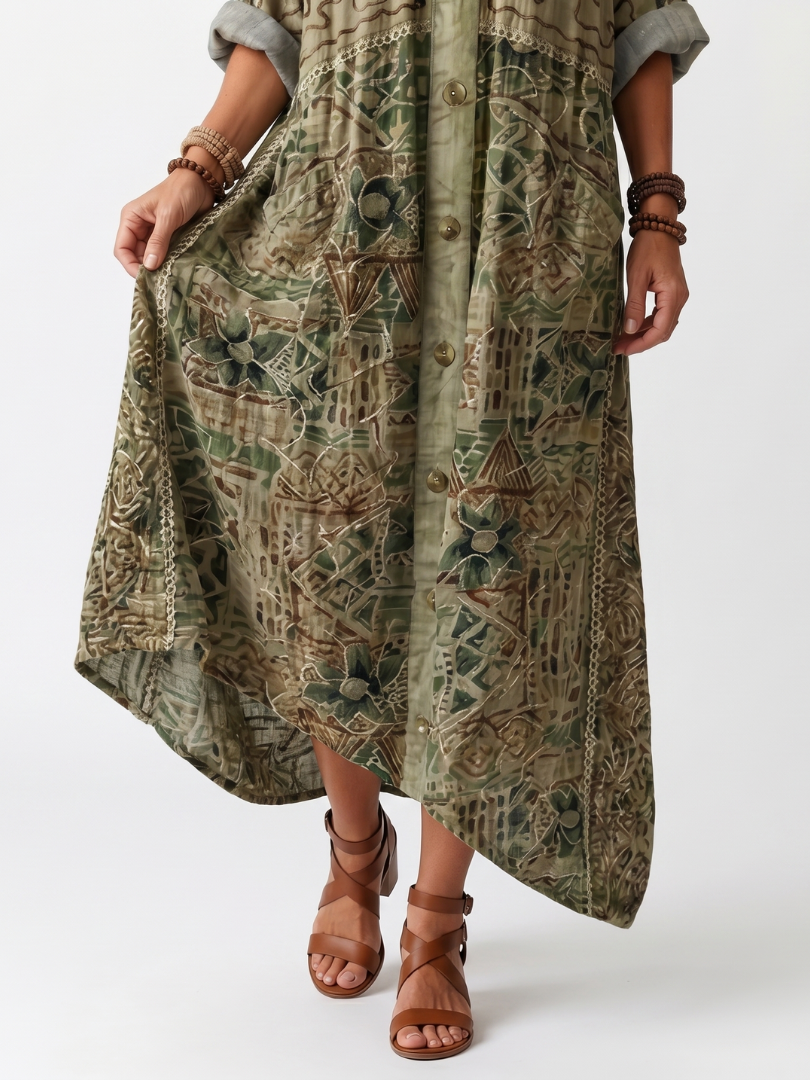 Close-up of button-front detail and floral patterned fabric of the Aleta midi dress in a studio setting.