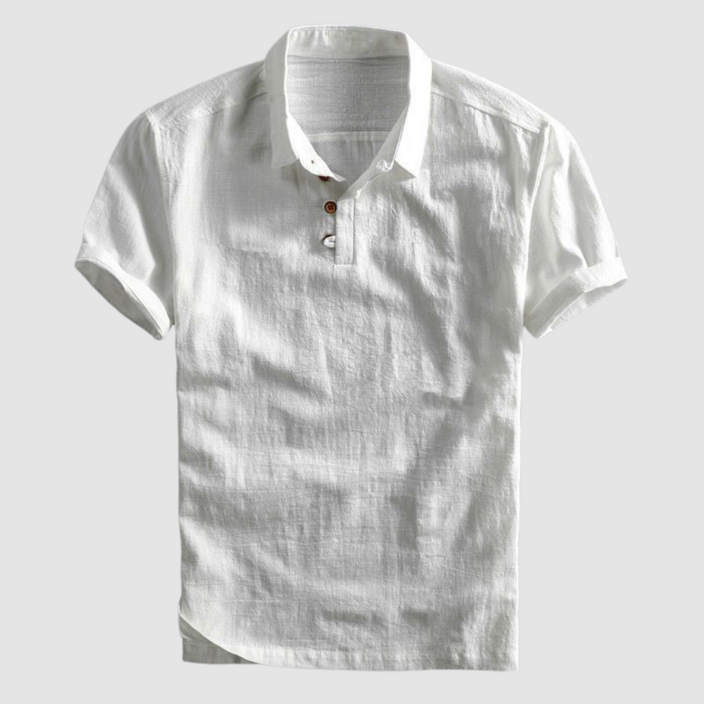 White short-sleeve polo shirt with button details, showcased against a light gray backdrop.