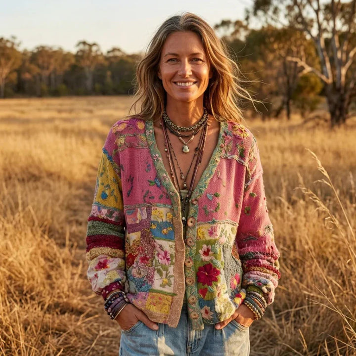 Smiling person wearing a colorful, patchwork knit cardigan in a dry grassy field under a sunset sky.