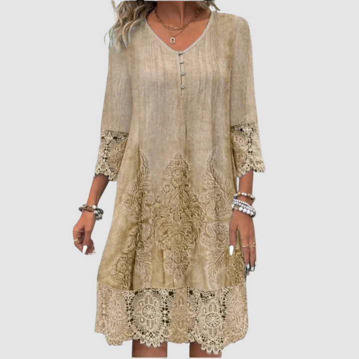 Chic beige lace dress with V-neck, button embellishments, decorative lace trim on hem and sleeves, studio background.