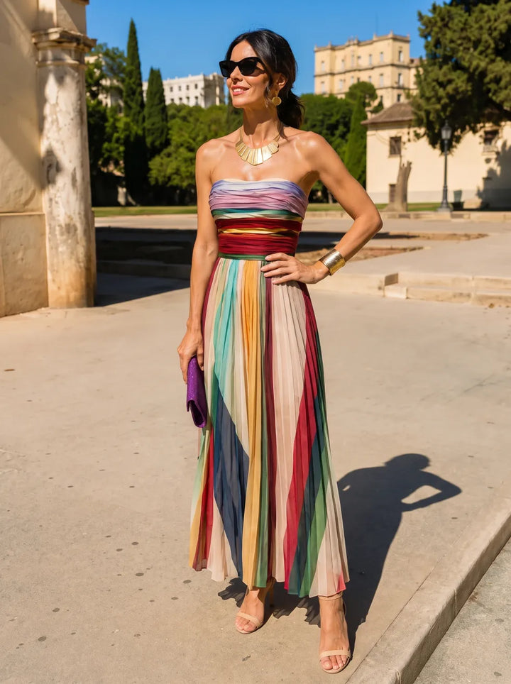 Woman in multicolored pleated maxi dress and sunglasses, posing with a purple clutch in a sunny outdoor area.