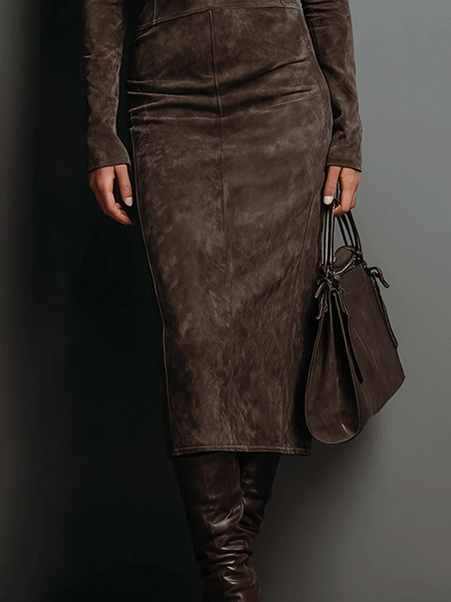 KATHERINE | BROWN TURTLENECK MIDI DRESS