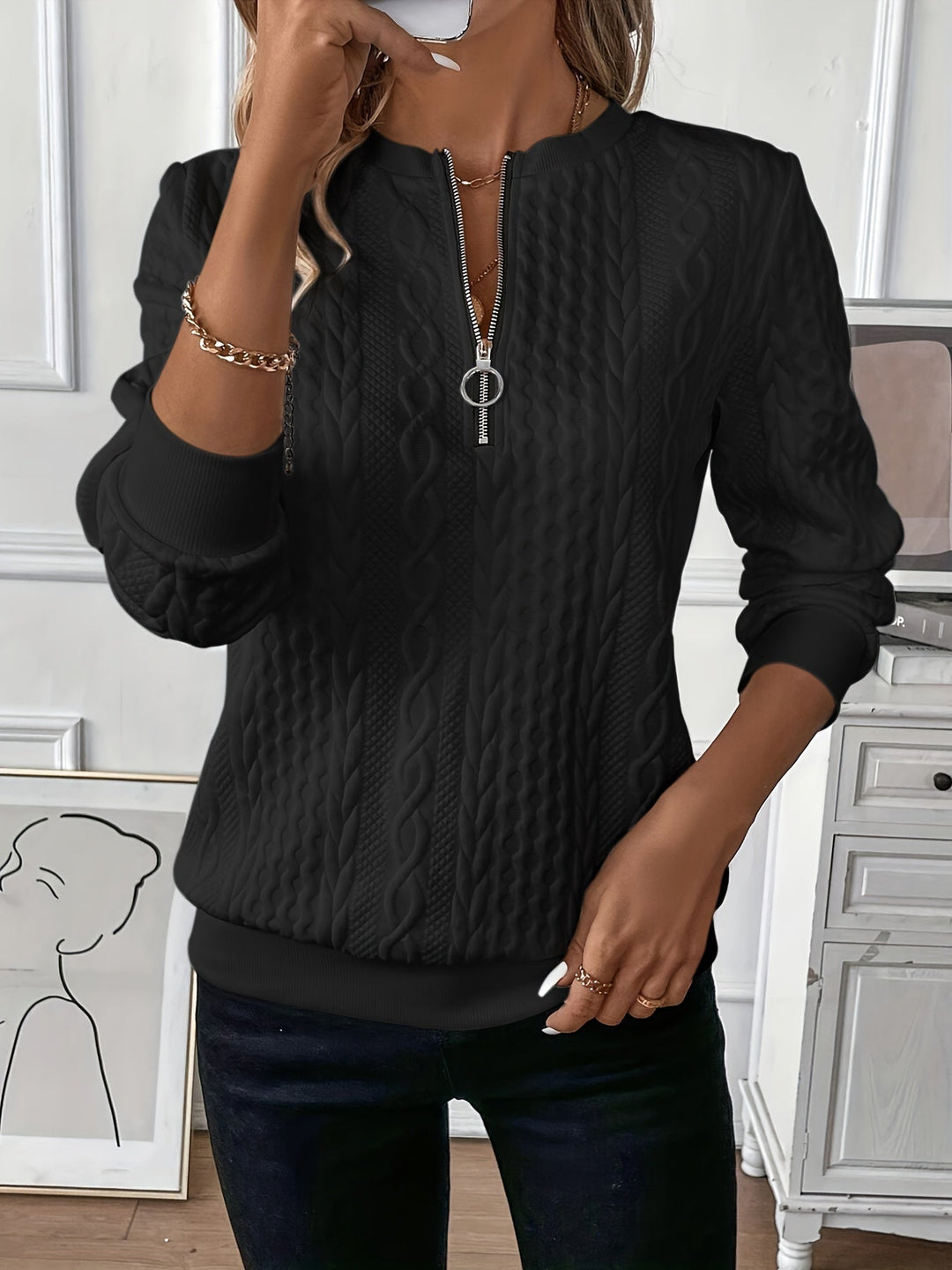 Karen – Quarter-Zip Textured Knit Pullover