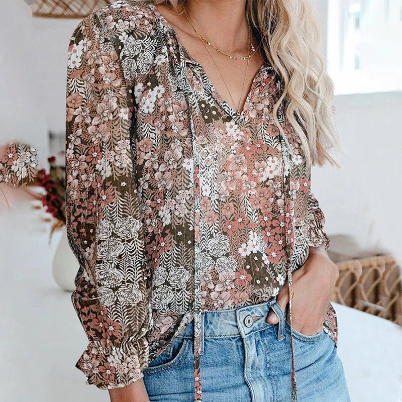 Ria – Floral V-Neck Boho Blouse