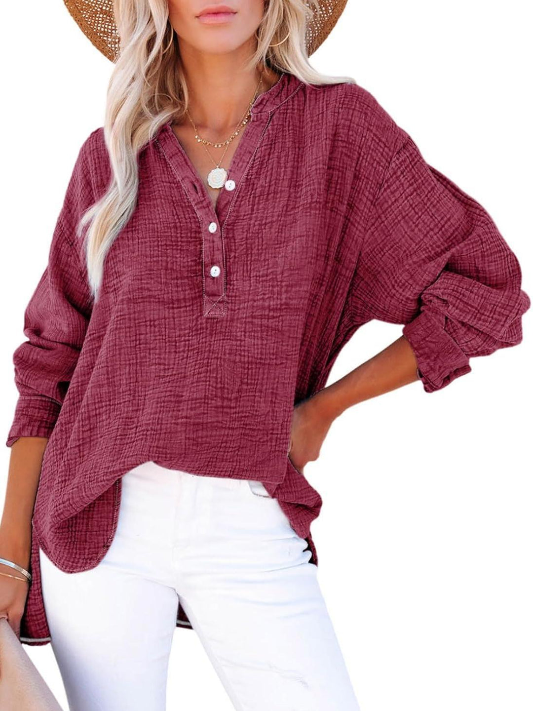 Jena – V-Neck Button Blouse with 3/4 Sleeve Option