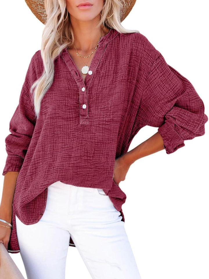 Jena – V-Neck Button Blouse with 3/4 Sleeve Option