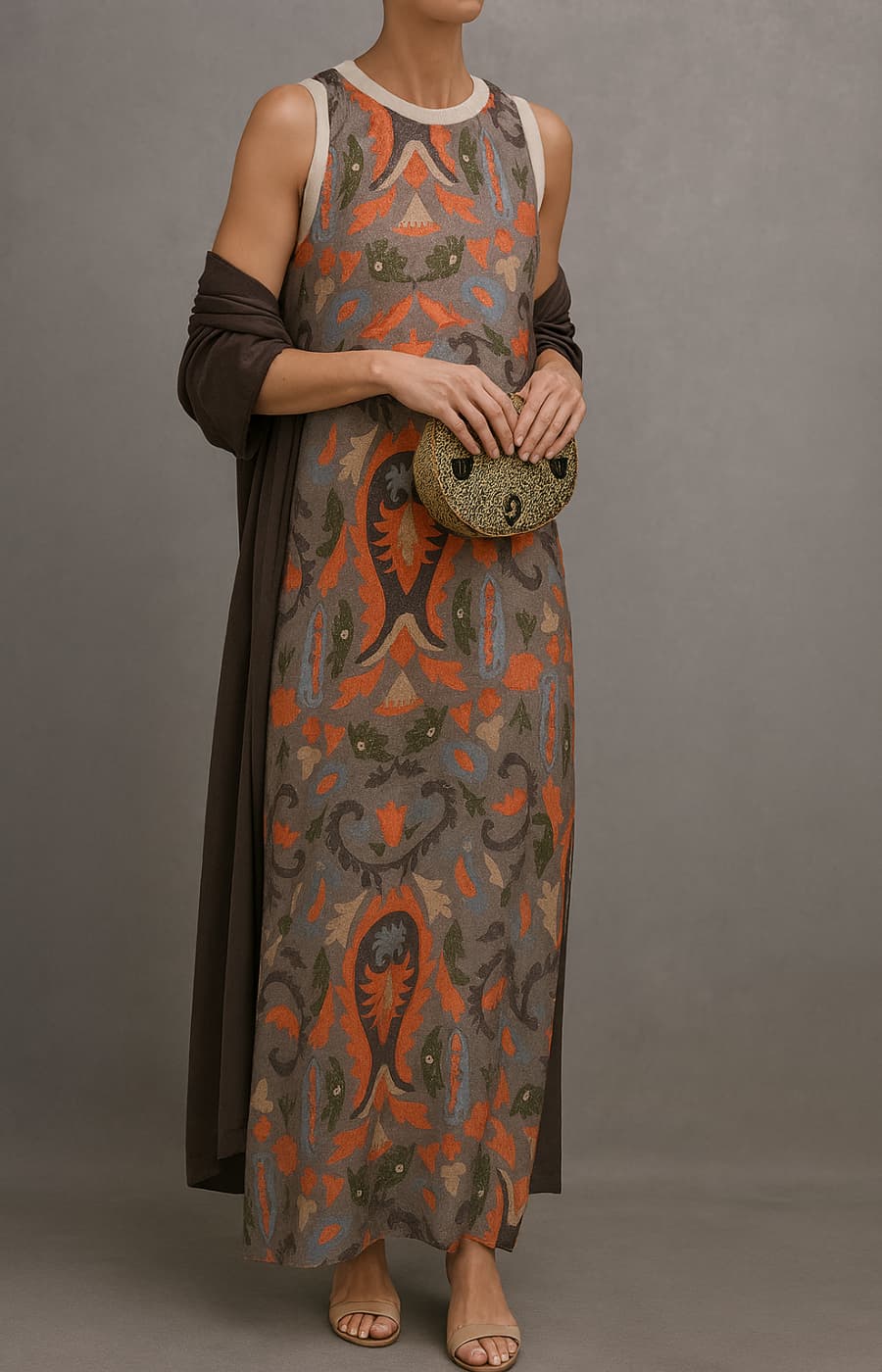 Model in a vivid printed dress with a dark shawl, holding a textured clutch, viewed in a studio setting.