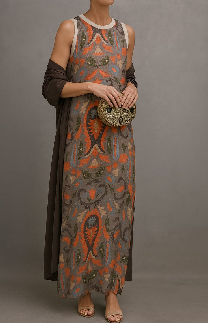 Model in a vivid printed dress with a dark shawl, holding a textured clutch, viewed in a studio setting.