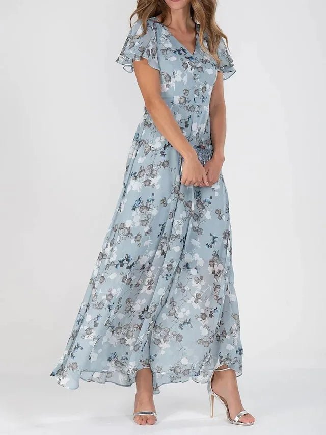 Zuri – Floral Maxi Dress with V-Neck &amp; Ruffle Sleeves