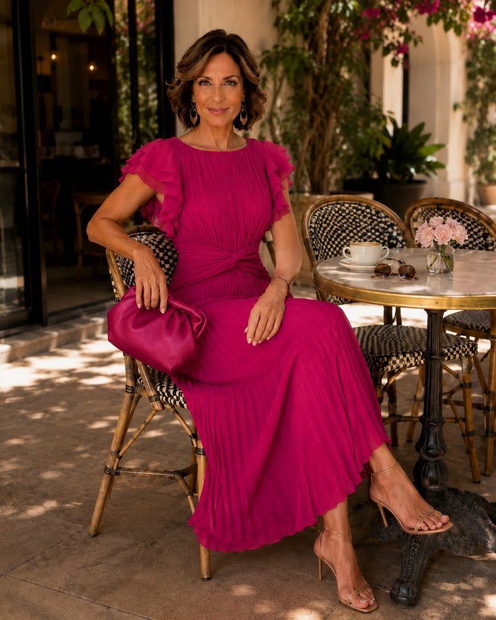 Woman seated in pink pleated dress with ruffled sleeves, holding a clutch at outdoor cafe setting with table and flowers.