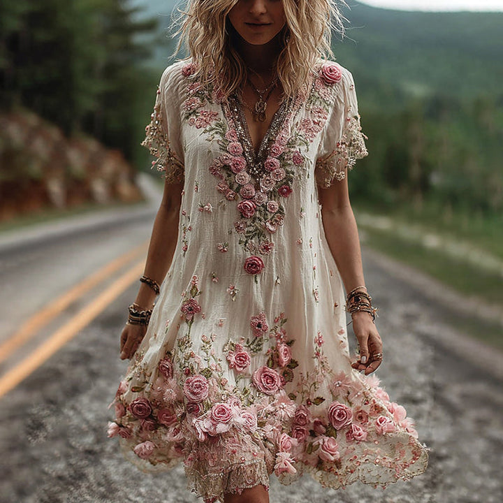 RUBY | BLOSSOM EMBROIDERED V-NECK DRESS