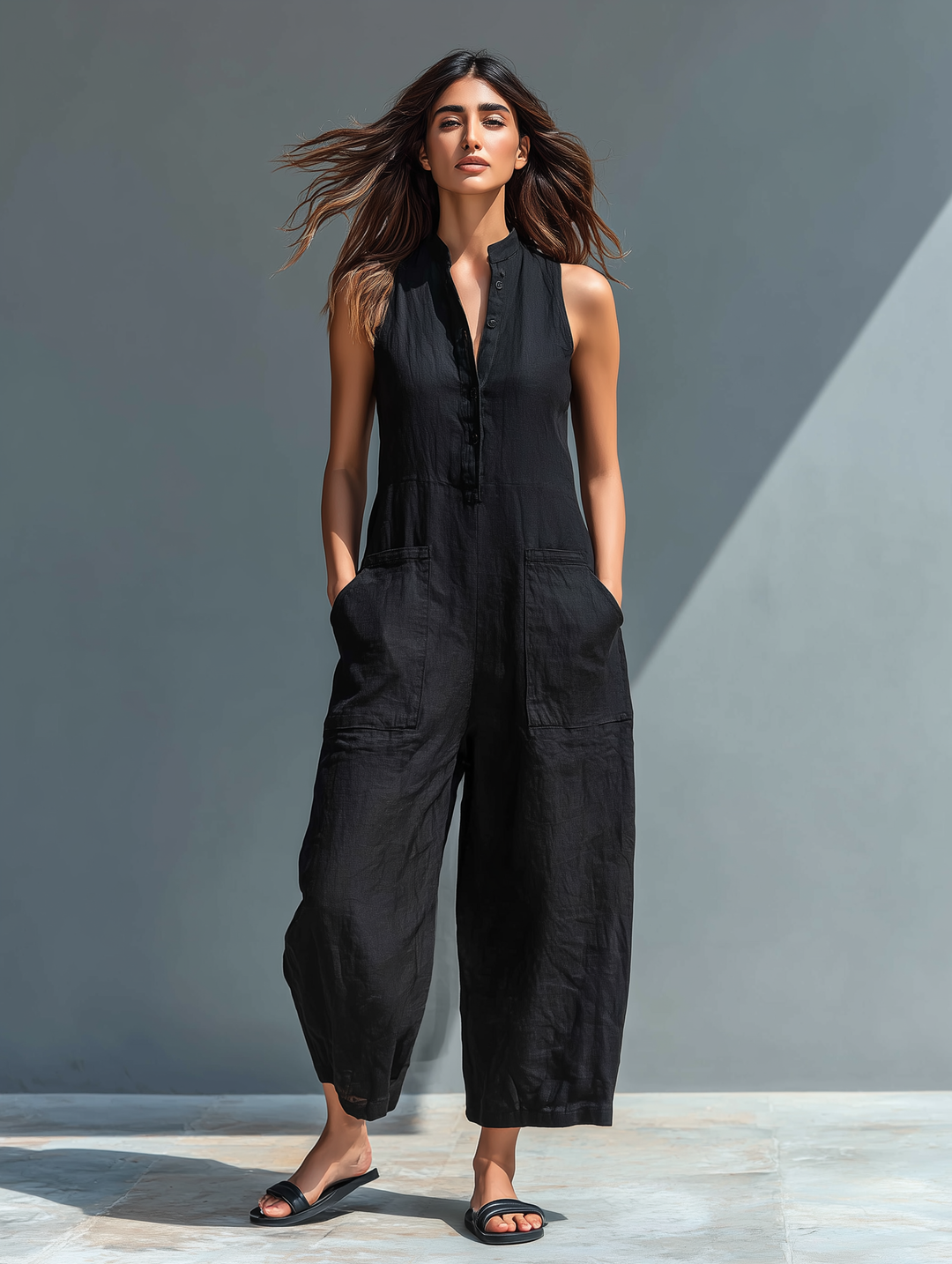 Front view of a woman wearing a black sleeveless jumpsuit with pockets outdoors on a sunny day.