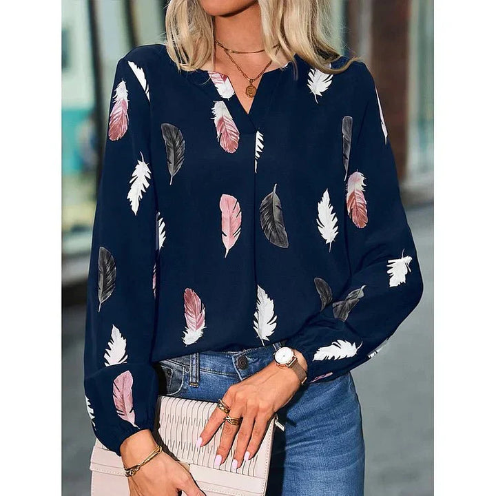 Gracey – Feather Print V-Neck Bell Sleeve Tee