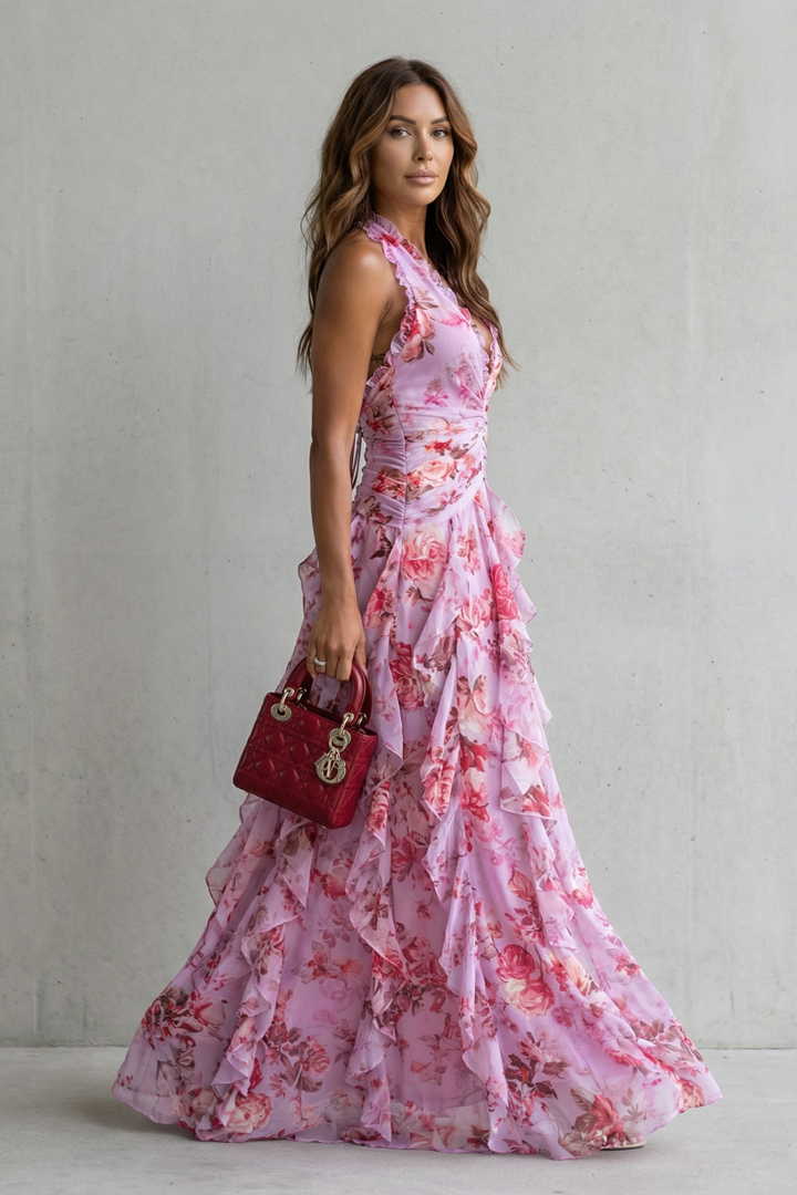 Belladina | Romantic rose cascade – Halter maxi dress