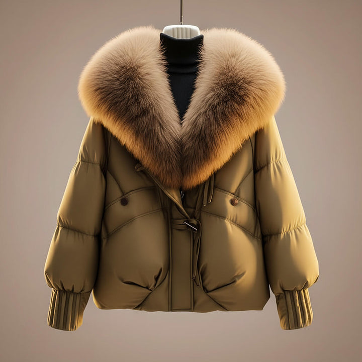 Elegant puffy coat in warm tan with a plush, soft brown collar in a studio setting.