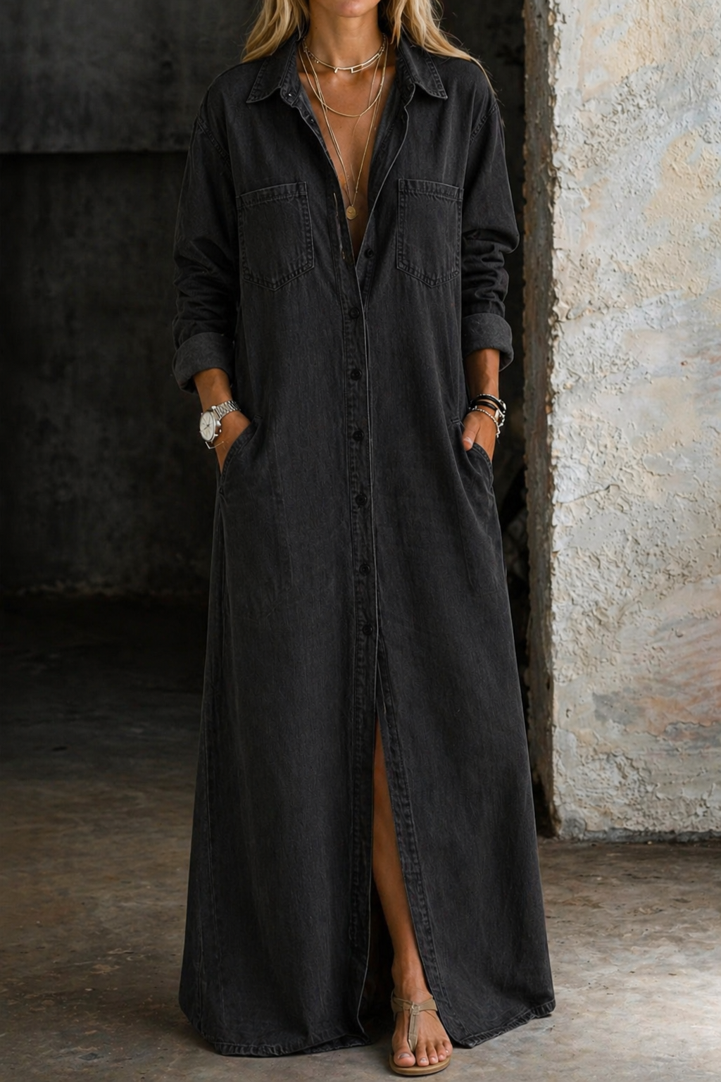 Black denim button-down dress with rolled sleeves, worn in an industrial setting with sandals.