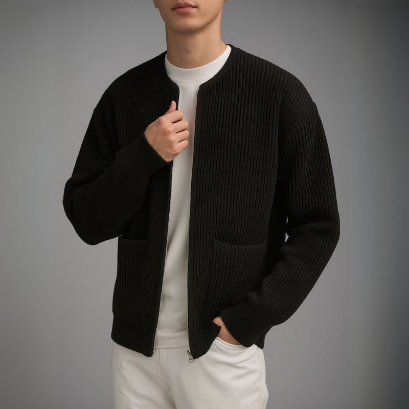 Model in a black knit zip cardigan over a white shirt and pants in a studio.