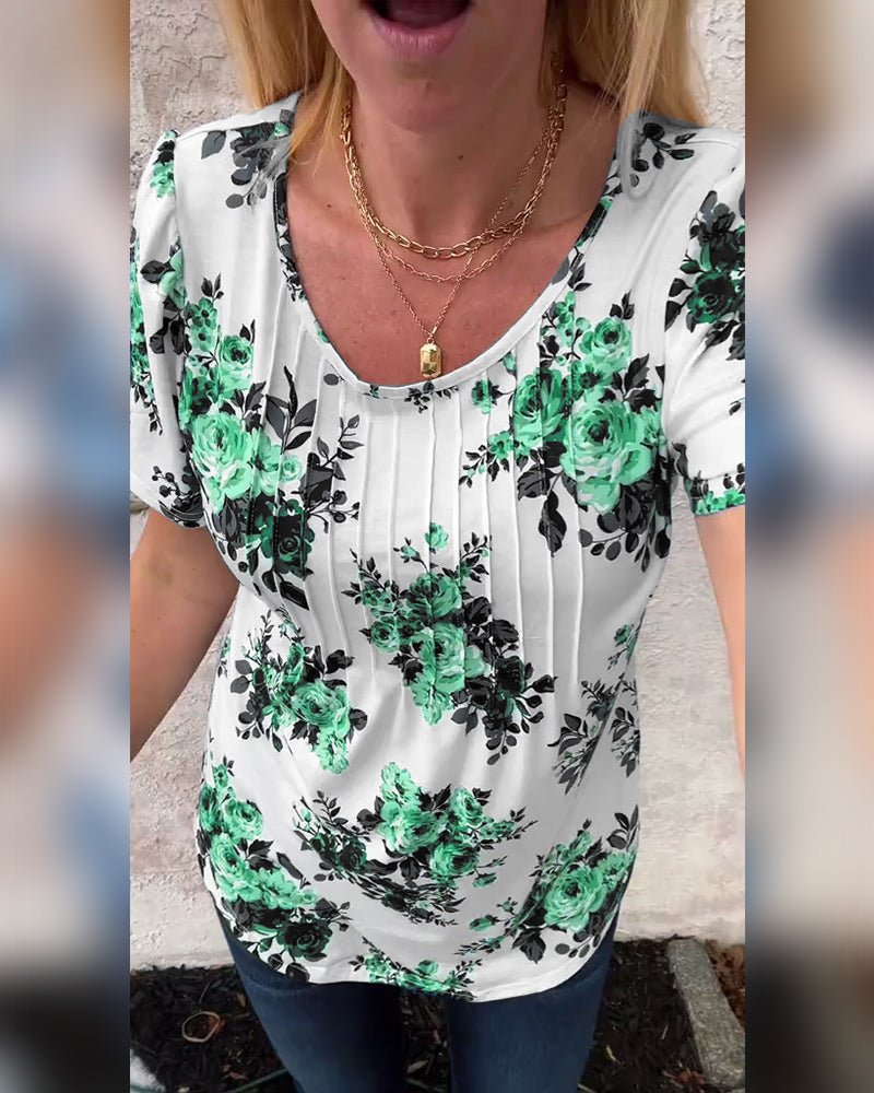 Milania – Floral Pleated Tee with Round Neckline