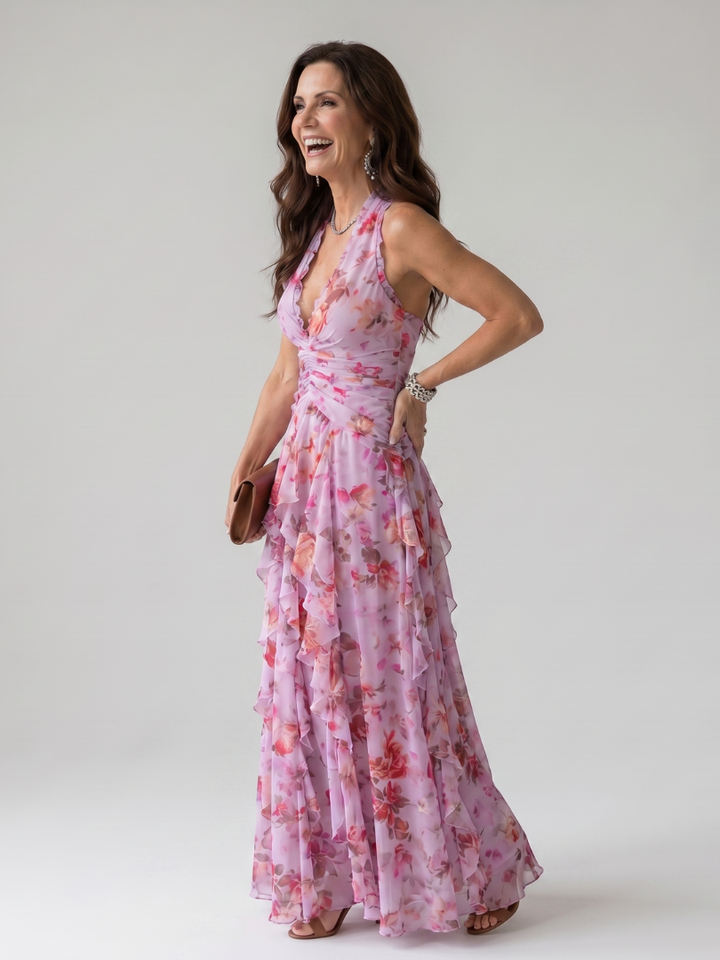 Nori™ Halter Neck Ruched Bodice Floral Maxi Dress