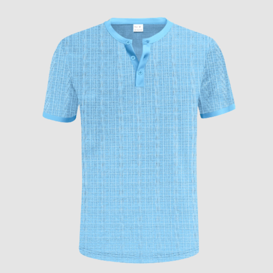 Light blue short-sleeve shirt with gridline pattern, buttoned Henley neckline, studio background with white setting.