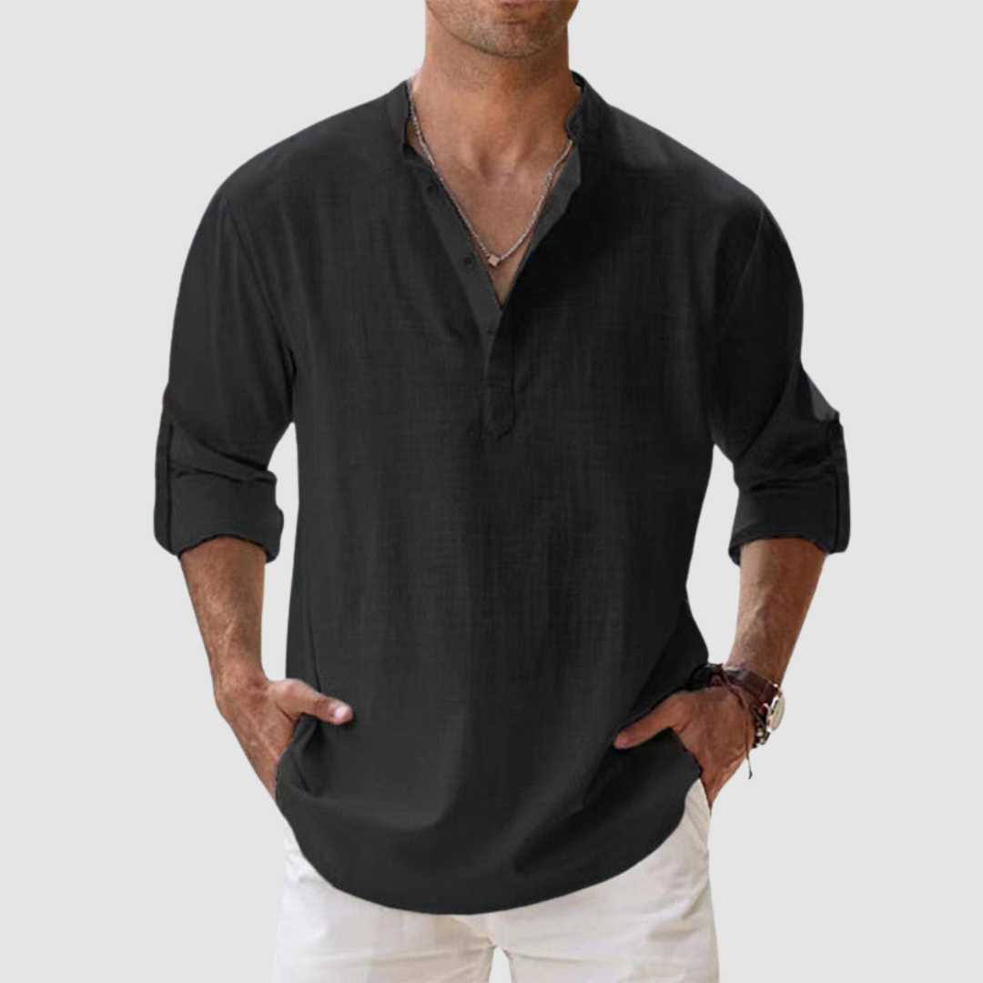 Black long-sleeve breathable shirt with banded collar, button placket, white pants in studio.
