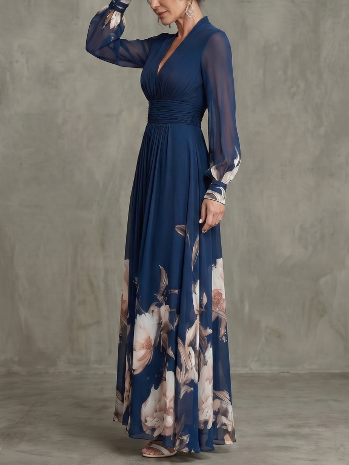 Ziva | Pleated Sheer Sleeves Maxi Dress