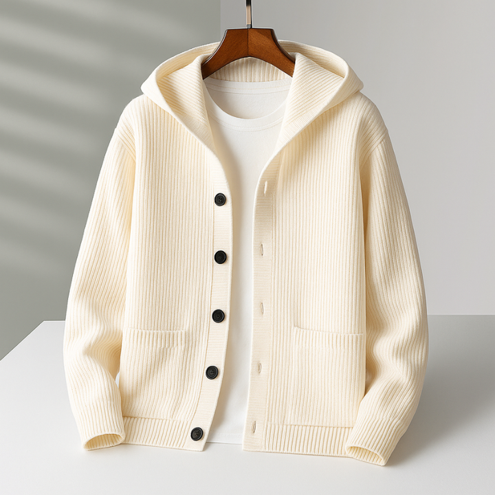Cream hooded cardigan with black buttons on hanger in a bright studio setting.