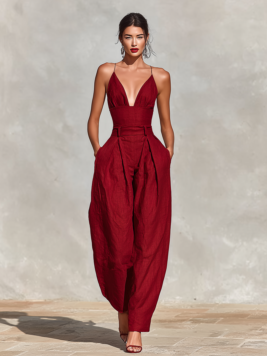 Front view of woman in a deep red, sleeveless jumpsuit with V-neckline, standing on a sunny stone surface.