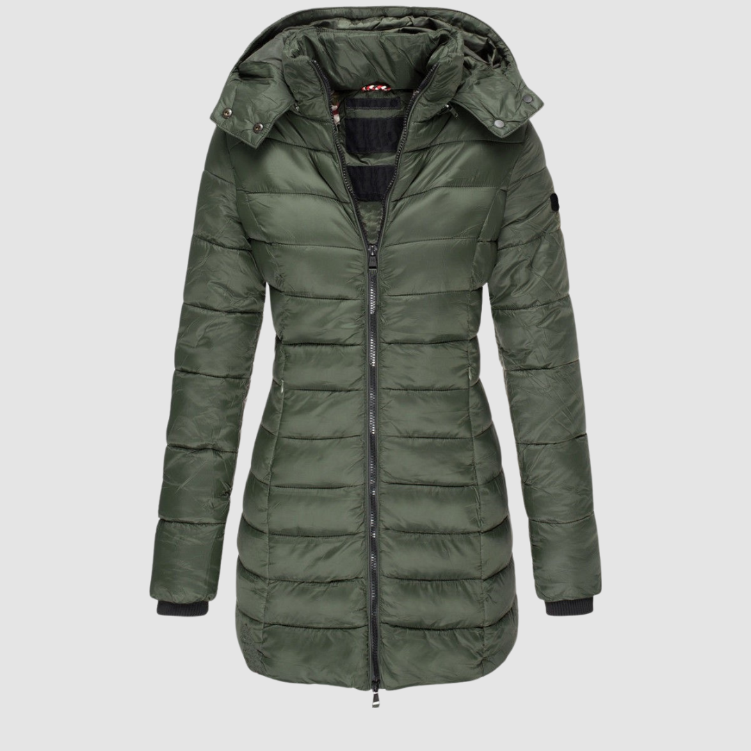 Elegant green puffer jacket with a hood, displayed in a studio setting against a light gray background.
