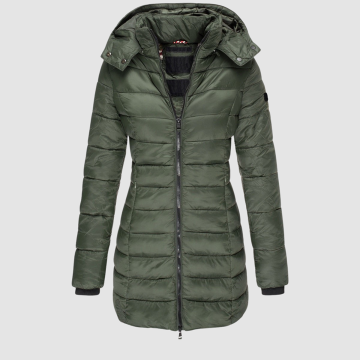 Elegant green puffer jacket with a hood, displayed in a studio setting against a light gray background.