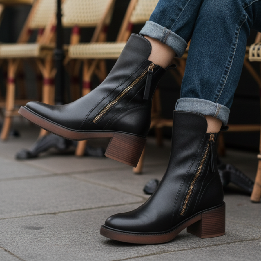 Black leather boots with zippers paired with jeans, worn outdoors near cafe chairs on pavement.