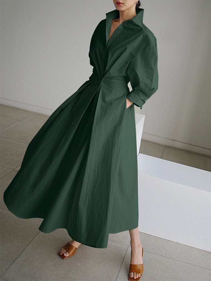Luni – Lapel Collar Maxi Dress with Swing Skirt