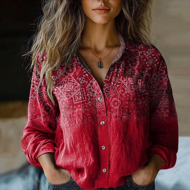 Emma – Vintage Printed Blouse with Lapel Collar