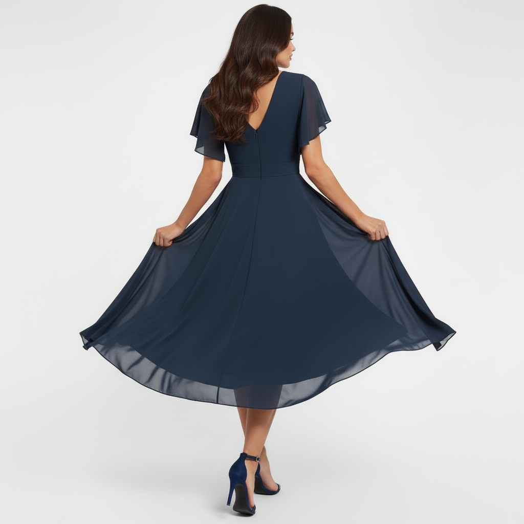 Model demonstrating back of navy flowing V-neck maxi dress with flared hem and short sleeves in a studio.