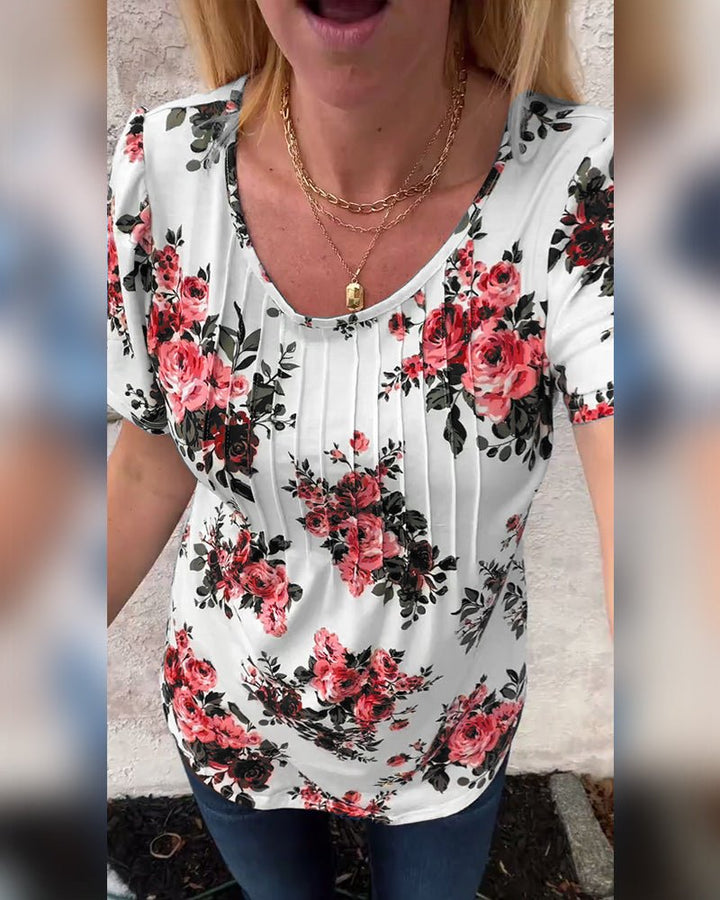 Milania – Floral Pleated Tee with Round Neckline