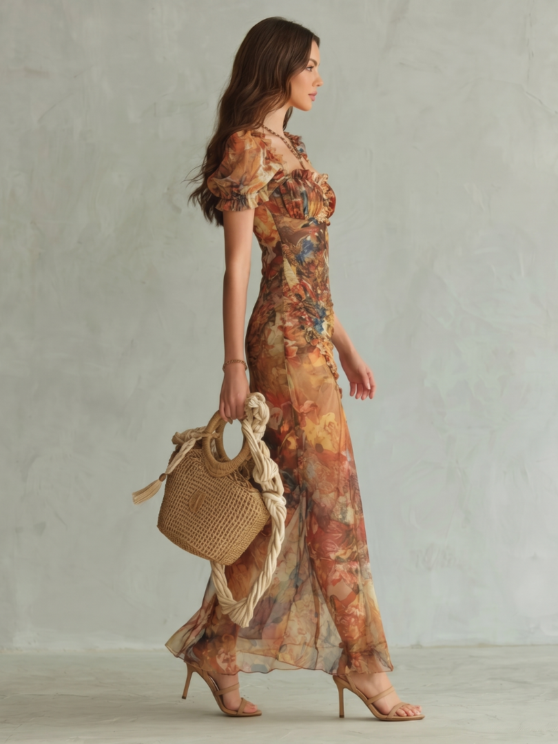 Ciel™ Ruffled Sleeve Ruched Slit Midi Dress