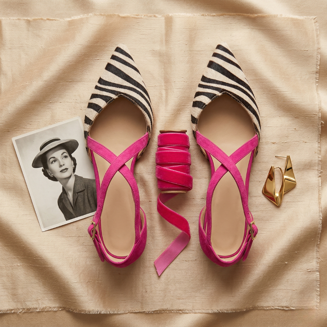 Overhead view of pink zebra ballet flats with accessories on a beige fabric surface.