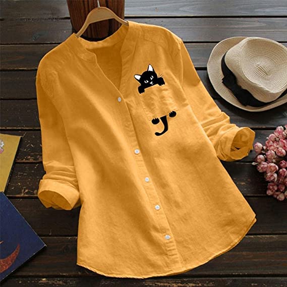Catrina – Cat Print Blouse with V-Neck