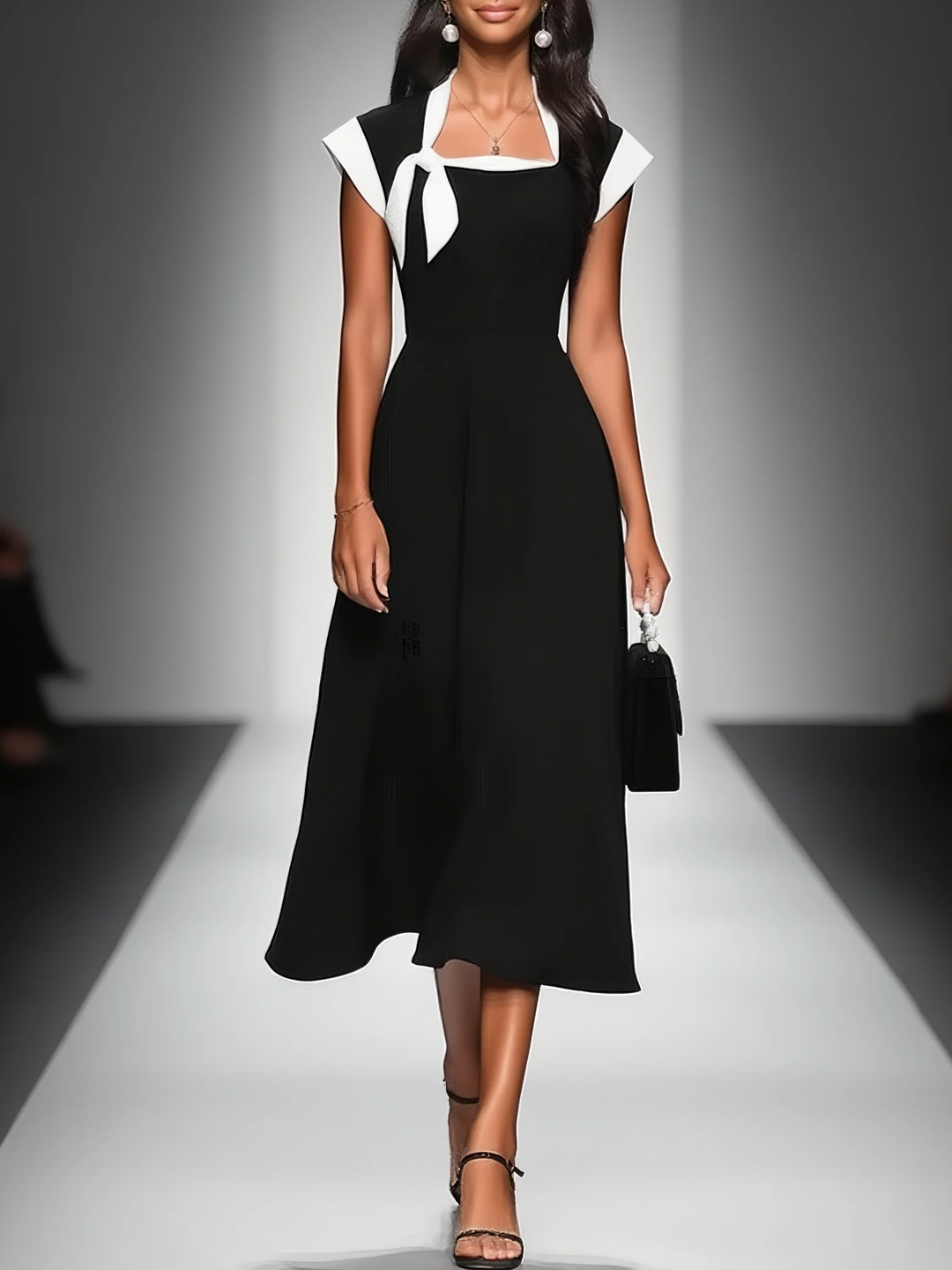 Model wearing black midi dress with white accents, walking down runway, carrying small handbag, studio lighting.