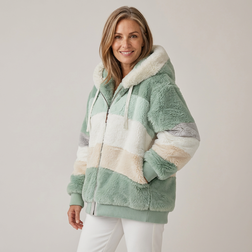 Woman wearing a plush, multicolored hooded jacket in white, green, and beige stripes, in a studio setting.