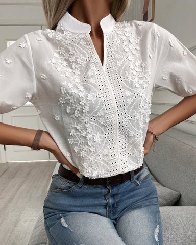 Liza – Floral Embroidery Blouse with Mandarin Collar