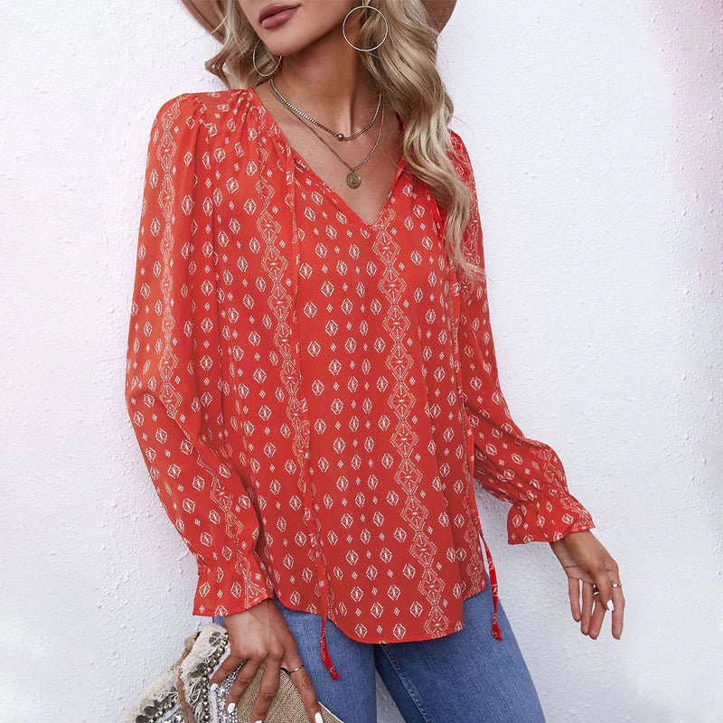 Ria – Floral V-Neck Boho Blouse